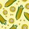 Yellow corncobs with green leaves seamless pattern. Ripe corn vegetables.