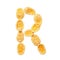 Yellow cornflakes letter R isolated on white background. Alphabet cereal flakes