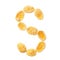 Yellow cornflakes letter S isolated on white background. Alphabet cereal flakes