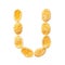 Yellow cornflakes letter U isolated on white background. Alphabet cereal flakes