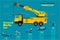 Yellow crane. Blue infographic set, ground works blue machines vehicles.