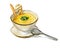 Yellow cream soup, decorated with greens and crackers, with a spoon. Watercolor illustration isolated on white