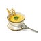 Yellow cream soup, decorated with greens and crackers, with a spoon. Watercolor illustration isolated on white