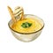 Yellow cream soup, decorated with greens and crackers. Watercolor illustration isolated on white background. Vector