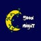 Yellow crescent with branch and green leaf on night background. good night-white hand drawn lettering. bed time, abstract backgrou