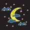 Yellow crescent moon with blue clouds with orange stars. night view background. bed time. time for sleep. hand drawn. white outlin