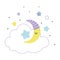 Yellow Crescent in Night Cap and Fluffy Cloud in Starry Night Sky Vector Illustration