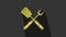 Yellow Crossed fork and spatula icon isolated on grey background. BBQ fork and spatula sign. Barbecue and grill tools