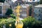 Yellow crosses on a background of houses