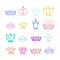 Yellow Crowns. Tiara. Diadem Sketch crown. Hand drawn queen tiara, king crown. Royal imperial coronation symbols, monarch majestic