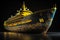 a yellow cruise ship in black background with reflection. generative ai