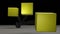 Yellow cubes on springs on a dark gray background. 3D rendering. Blank for design. Layout. Place for logo or text. Abstraction.