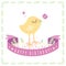 Yellow cute baby chicken Happy Birthday vector background and card with ribbon.