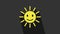 Yellow Cute sun with smile icon isolated on grey background. Funny smiling sun. Happy sunny smile. 4K Video motion