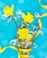 Yellow daffodils with gold ribbon on blue background