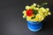 Yellow daisies and single red Poppy flower in a rustic blue pot against dark gray background. Simple romantic lovely bouquet of a