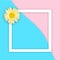 Yellow daisy on abstract sea and pink sand background with white flat frame square. Flat lay