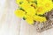 Yellow dandelion flowers in wicker basket on wooden table. Spring blowball, flowery background