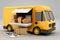 Yellow delivery van with cardboard boxes in front of gray background
