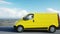 Yellow delivery van on highway. Very fast driving. Transport and logistic concept. Realistic 4k animation.