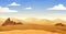 Yellow desert landscape. Golden sand lands. African scenery. Sahara scene. Cloudy sky. Sandy dune. Dry mountains. Rock