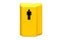 Yellow device with a button on demand with a symbol of a man to cross the road on white isolated, a pedestrian observes the