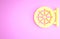 Yellow Dharma wheel icon isolated on pink background. Buddhism religion sign. Dharmachakra symbol. Minimalism concept