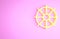 Yellow Dharma wheel icon isolated on pink background. Buddhism religion sign. Dharmachakra symbol. Minimalism concept