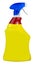 Yellow disinfectant bottle with red neck and blue pump