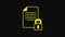 Yellow Document and lock icon isolated on black background. File format and padlock. Security, safety, protection