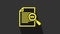 Yellow Document with search icon isolated on grey background. File and magnifying glass icon. Analytics research sign