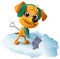 Yellow dog cleans snow with shovel