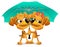 Yellow dog loving couple holding an umbrella