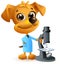 Yellow dog teacher holding microscope. Biology lesson