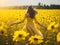 a yellow dressed woman back view dancing on the flowers field. ai generative