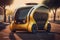 yellow Driverless Autonomous taxi Futuristic Self-Driving taxi autopilot car in Public street in a Modern City