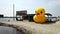 Yellow duck placed outside the local stall in Sekinchan, Malaysia