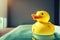 Yellow duck toy in bath. Cute bright waterfowl in bathroom. Generative AI.