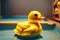 Yellow duck toy in bath. Cute bright waterfowl in bathroom. Generative AI.