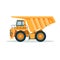 Yellow dump truck with big empty body and small cabin