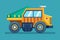 A yellow dump truck with a green roof parked on a construction site, Construction truck Customizable Flat Illustration