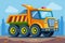 A yellow dump truck is parked in a lot, ready for construction work, Construction truck Customizable Cartoon Illustration