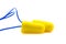 Yellow earplugs with blue band.