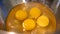 Yellow eggs on metallic bowl. Four chicken egg yolks. Preparation for scrambled eggs in a metal bowl. Cooking eggs