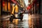 A yellow electric scooter is parked on cobblestone streets in the city.