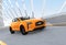 Yellow electric SUV driving on arc bridge