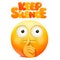 Yellow emoji cartoon character with finger near the mouth. Keep silence sign