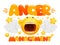 Yellow emoji smile face cartoon character with steam. Anger management concept card