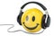 Yellow emoticon smile with headphones, 3D rendering