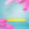 Yellow empty shelf on light blue wall with pink palm leaves. Minimalistic empty showcase. 3D rendering. Art deco shop display,